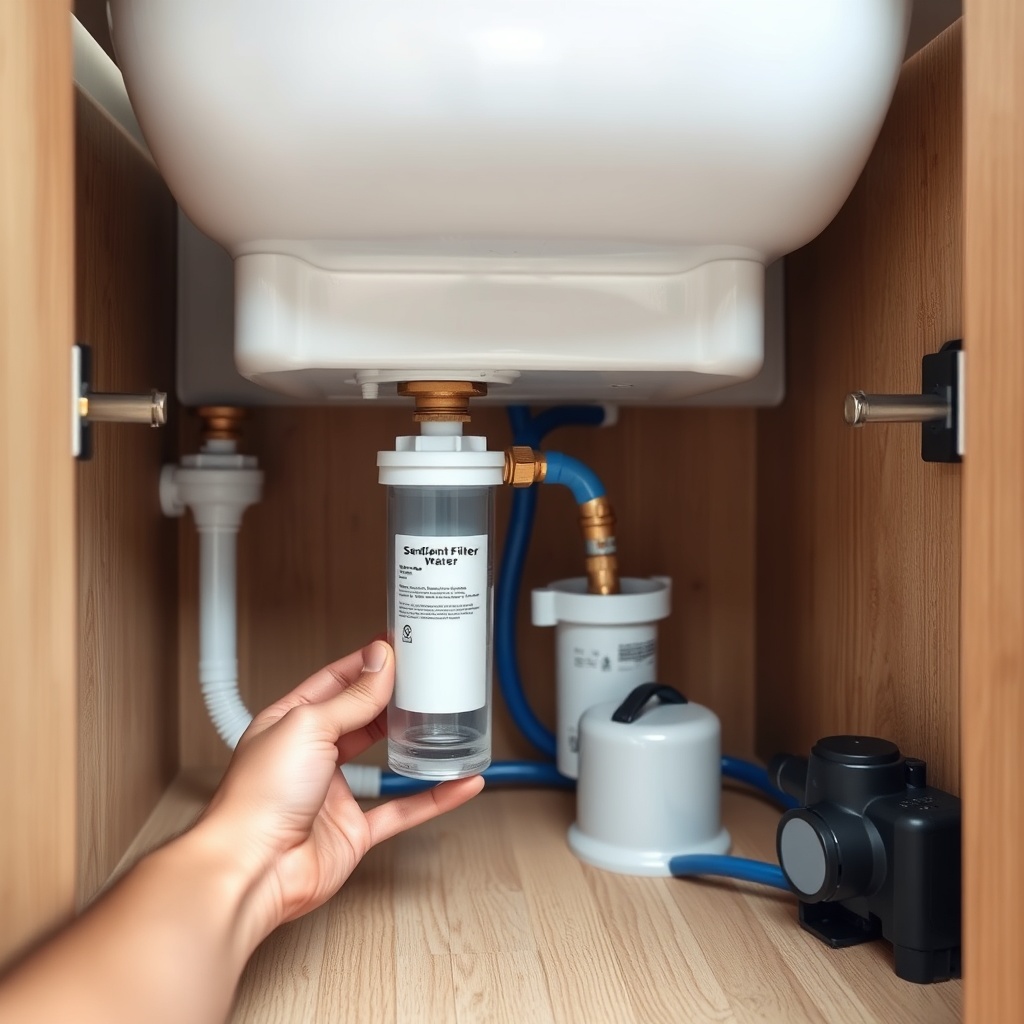 A photorealistic image of a hands-on person installing a clear sediment filter and brass f