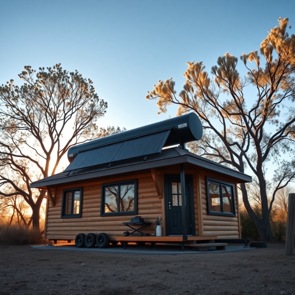 A photorealistic wide-angle shot of a Tumbleweed tiny house with a black evacuated tube so