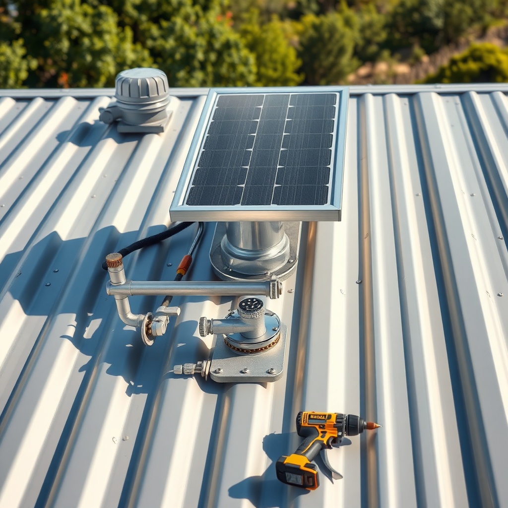 A photorealistic close-up of a Tumbleweed metal roof with a solar collector mounted on a r