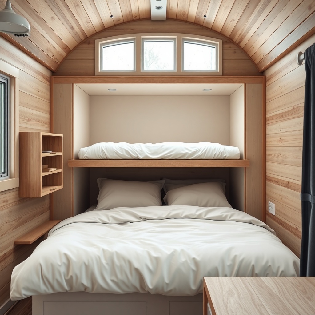 <clean photorealistic photo/illustration of a Tumbleweed tiny house interior featuring a f