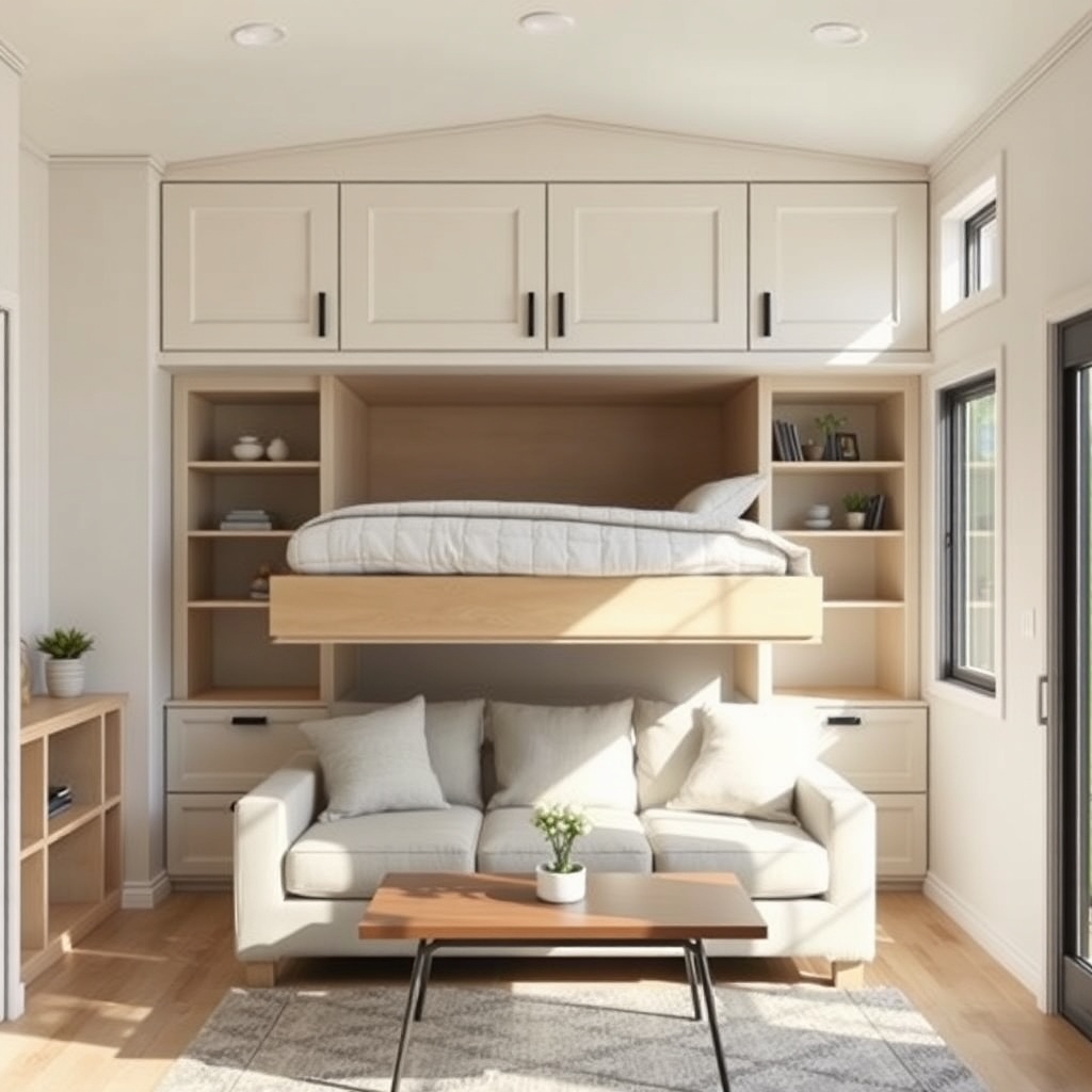 <clean photorealistic photo/illustration of an open tiny house living space with a Murphy