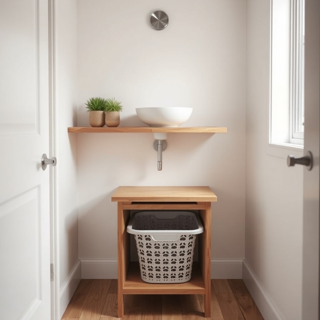 A photorealistic photo of a tiny house bathroom with a floating vanity