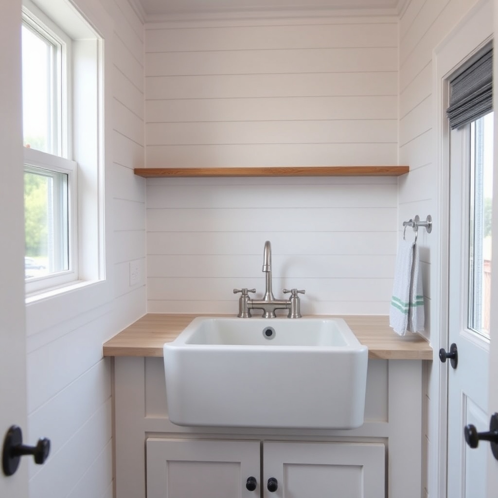 A photorealistic photo of a tiny house bathroom with a deep apron sink