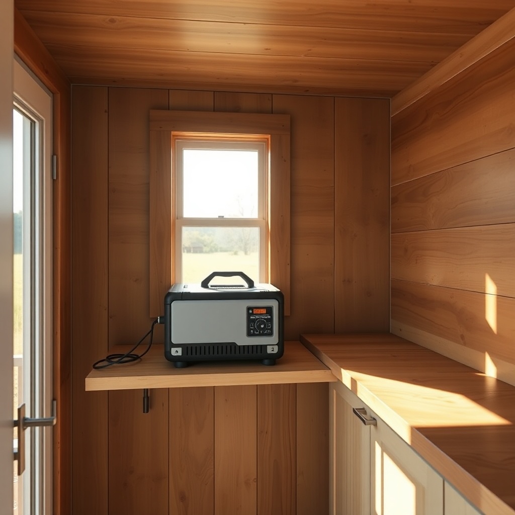 <clean photorealistic photo/illustration of a modern solar generator placed on a wooden sh