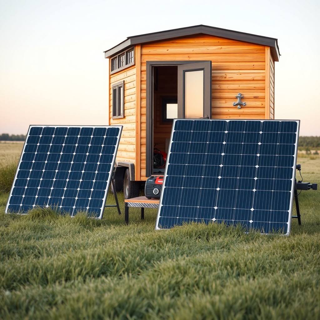 <clean photorealistic photo/illustration of two 200W foldable solar panels set up on a gra