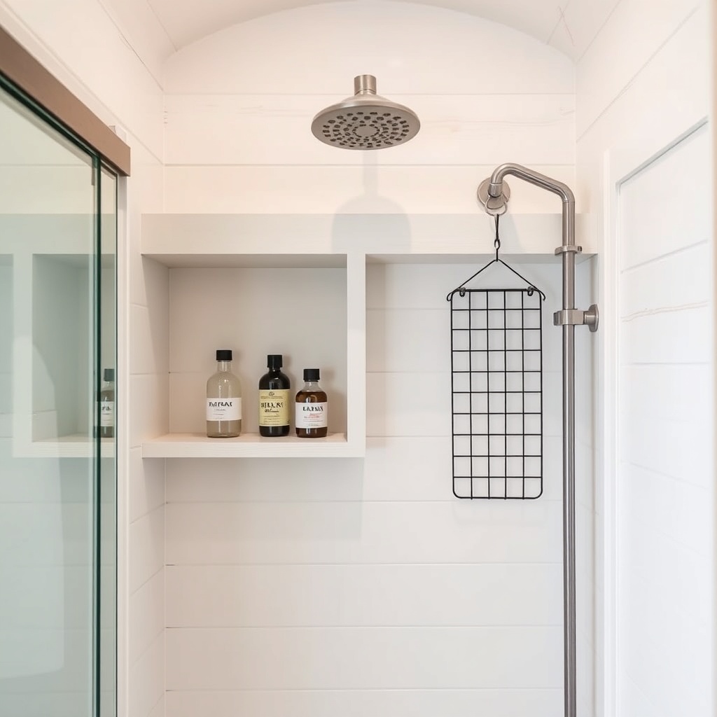 A photorealistic image of a custom shower niche inside a Tumbleweed tiny house