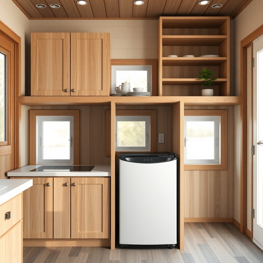 photorealistic photo of a compact refrigerator installed under a counter in a bright tiny