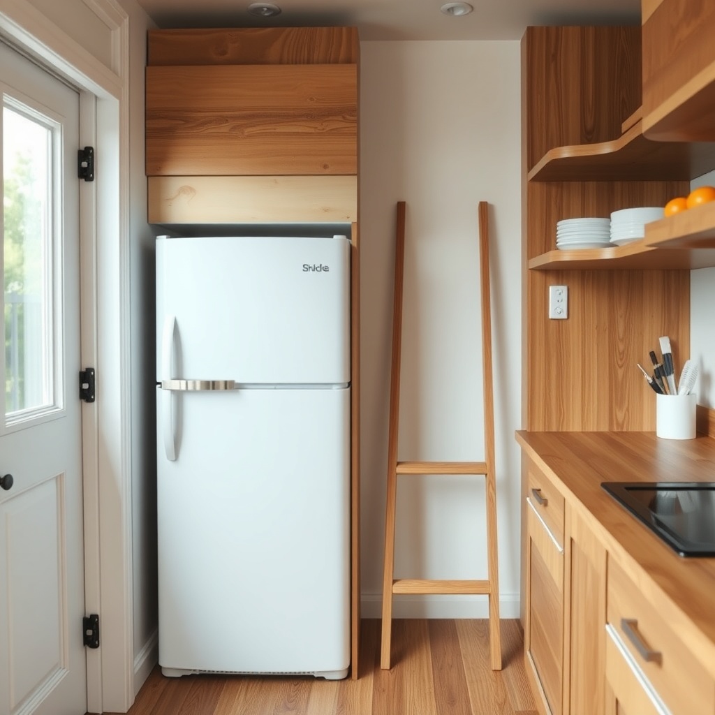 photorealistic photo of a tiny house kitchen with a compact fridge next to a hidden fold-a