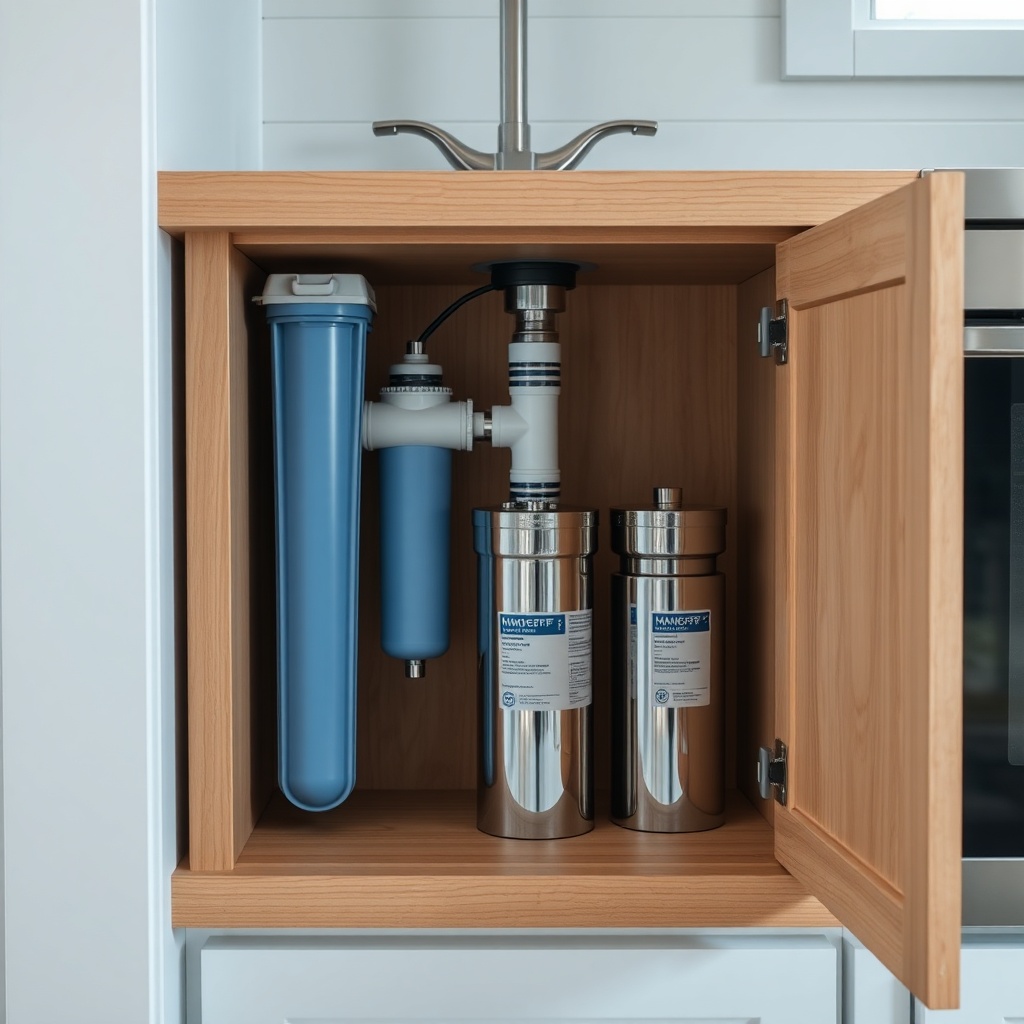 <clean photorealistic photo of a compact under-sink water filtration system installed in a
