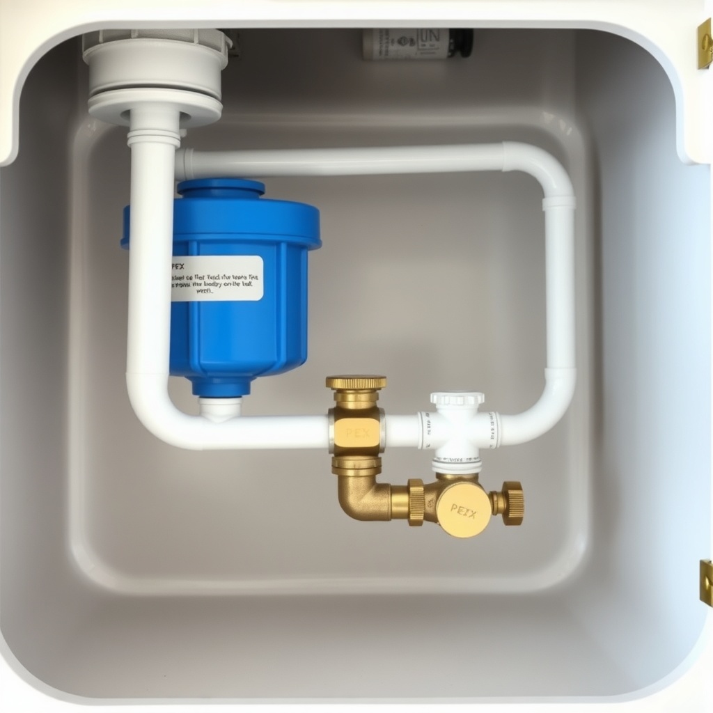 <clean photorealistic photo of a tiny house’s water plumbing cavity with PEX pipes