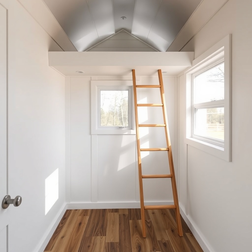 A photorealistic photo of a Tumbleweed Custom Build tiny house loft with a foldable ladder