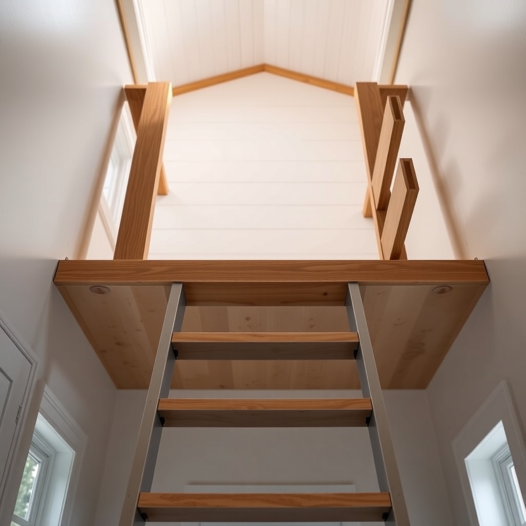 A photorealistic photo of a Tumbleweed Custom Build tiny house loft ladder with anti-slip