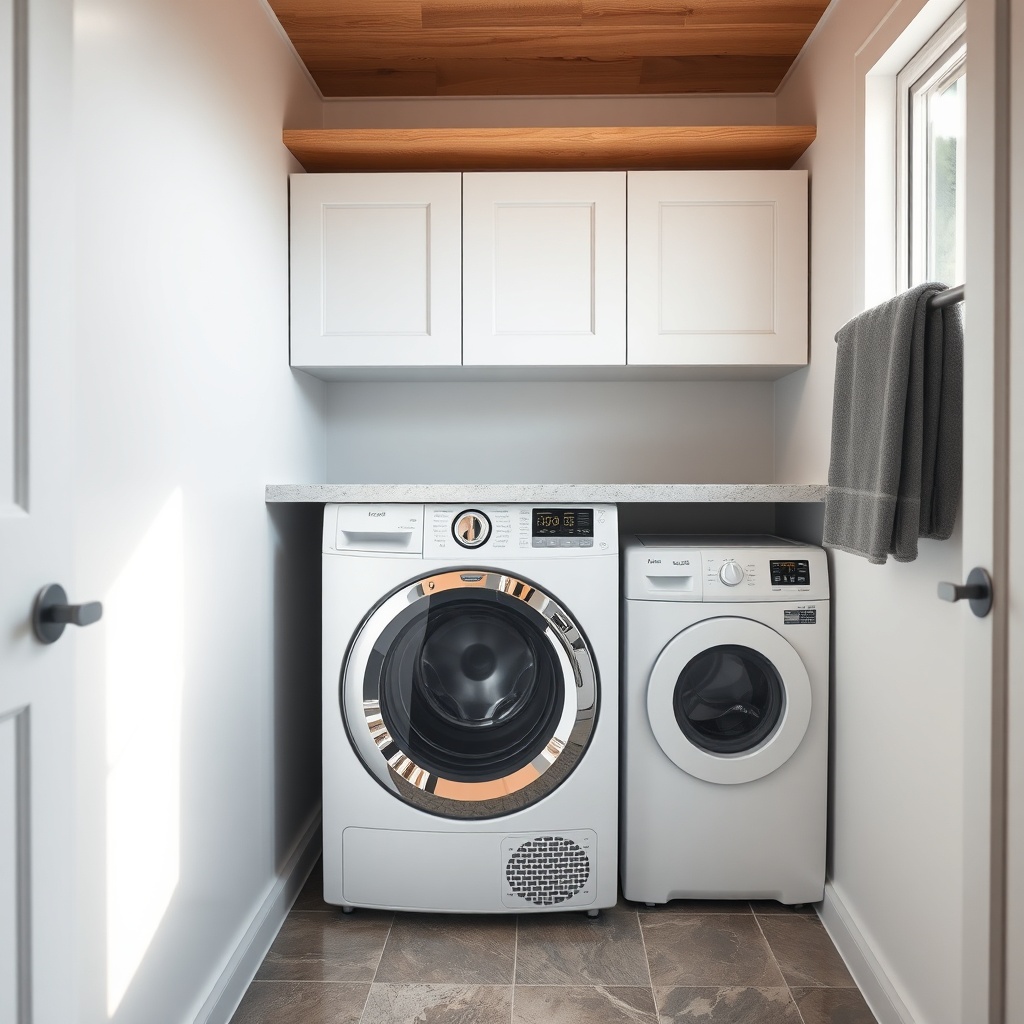A photorealistic interior of a tiny house bathroom showing a compact front-loading heat pu