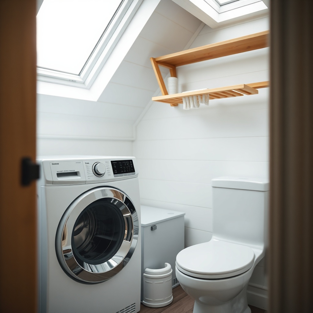 A photorealistic close-up of a Tumbleweed tiny house bathroom showing a compact heat pump
