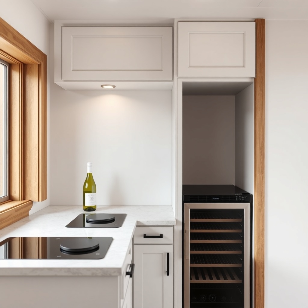 A photorealistic 16:9 image of a Tumbleweed tiny house kitchen interior
