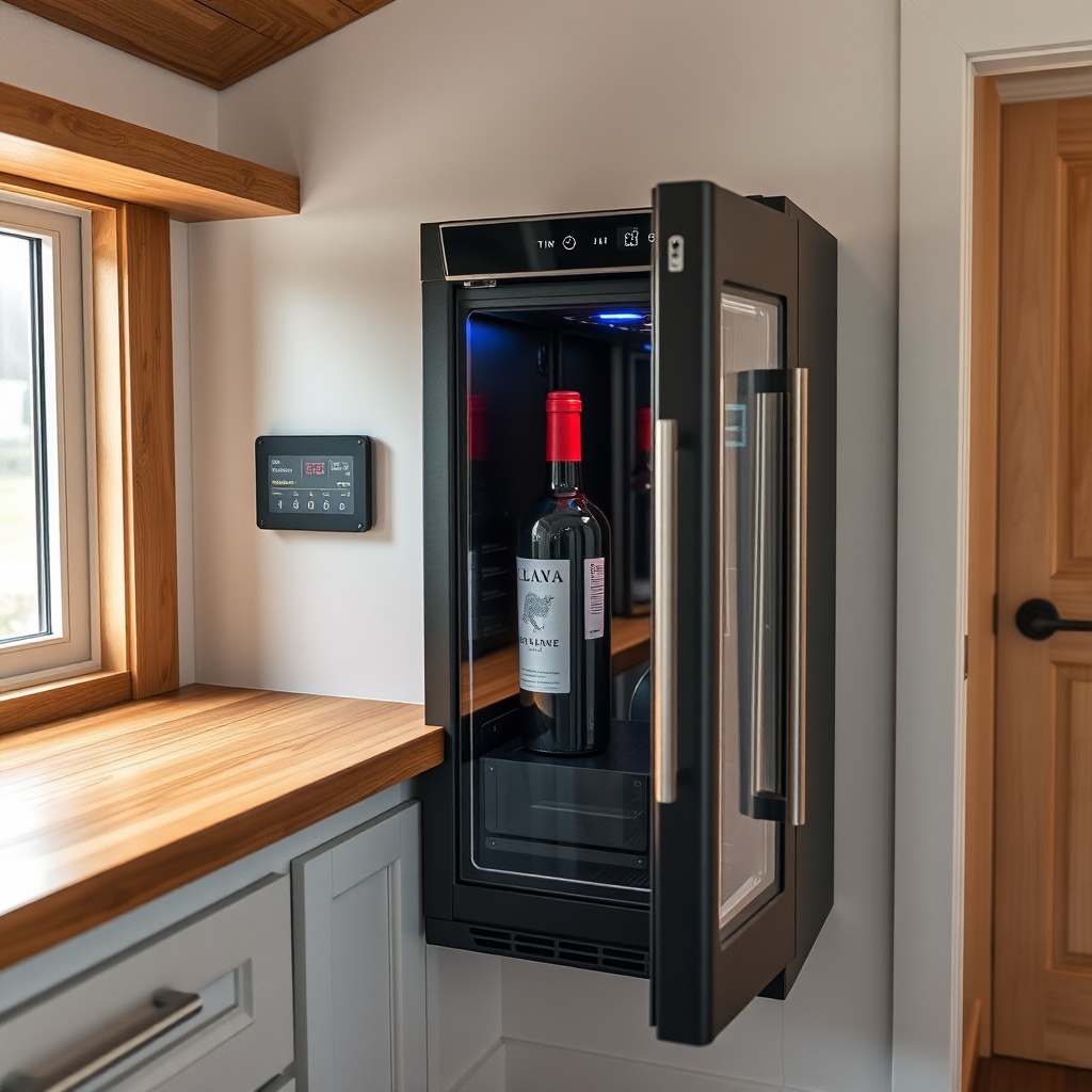 A photorealistic photo of a thermoelectric wine fridge installed in a tiny house kitchen w
