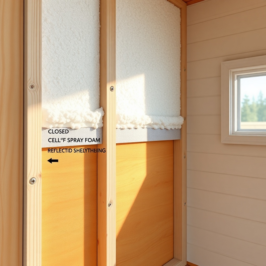 Close-up cross-section of a Tumbleweed tiny house wall showing 2x4 studs