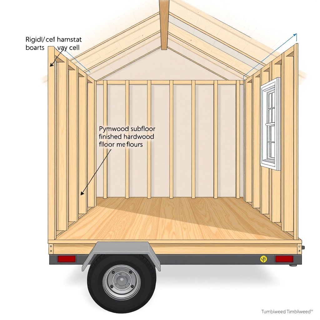 Illustration cross-section of a Tumbleweed tiny house showing the floor assembly: 2x6 jois