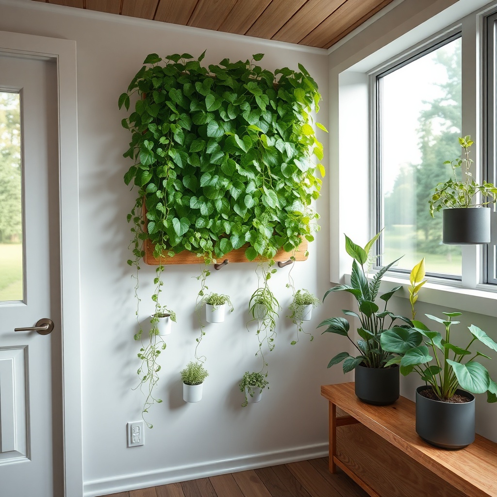A clean photorealistic photo of a vertical garden mounted on the interior wall of a modern