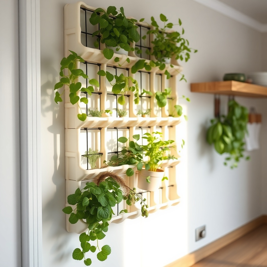 A clean photorealistic photo of a modular plastic grid vertical garden with thriving herbs